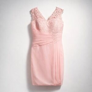 NEW Blush Pink Lace Sequin Ruched Chiffon V-Neck Cocktail Dress Sleeveless
